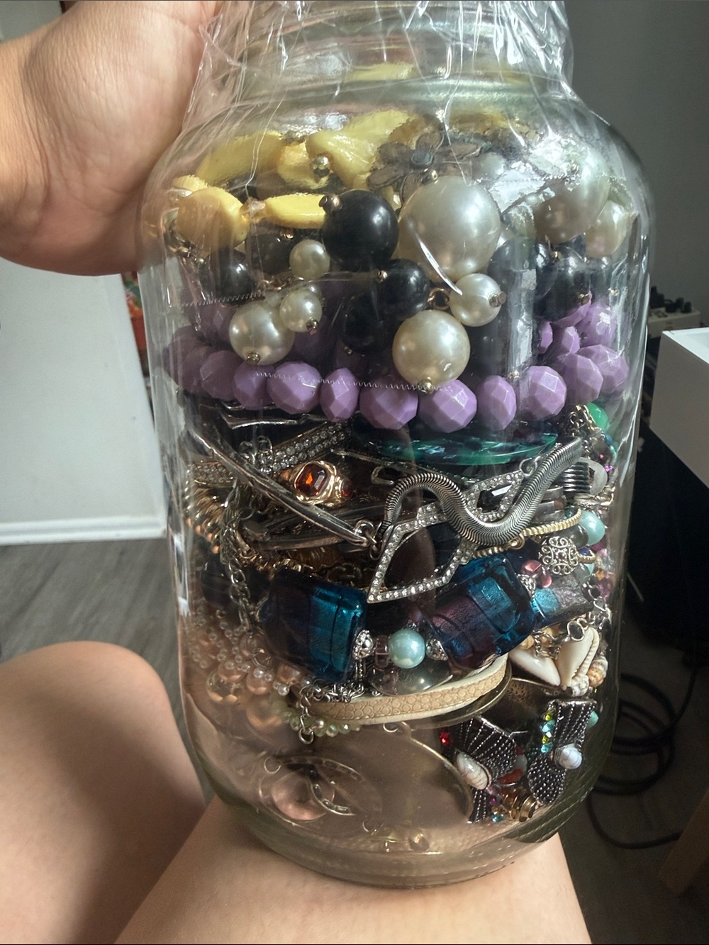 Mystery costume jewelry jar Pearl Bracelets - Lavender, Black, faux pearls. Etc